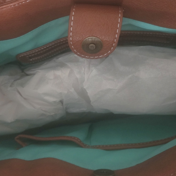 Brown and Tan Geometric Tote Bag with Leather Handles - Picture 5 of 7